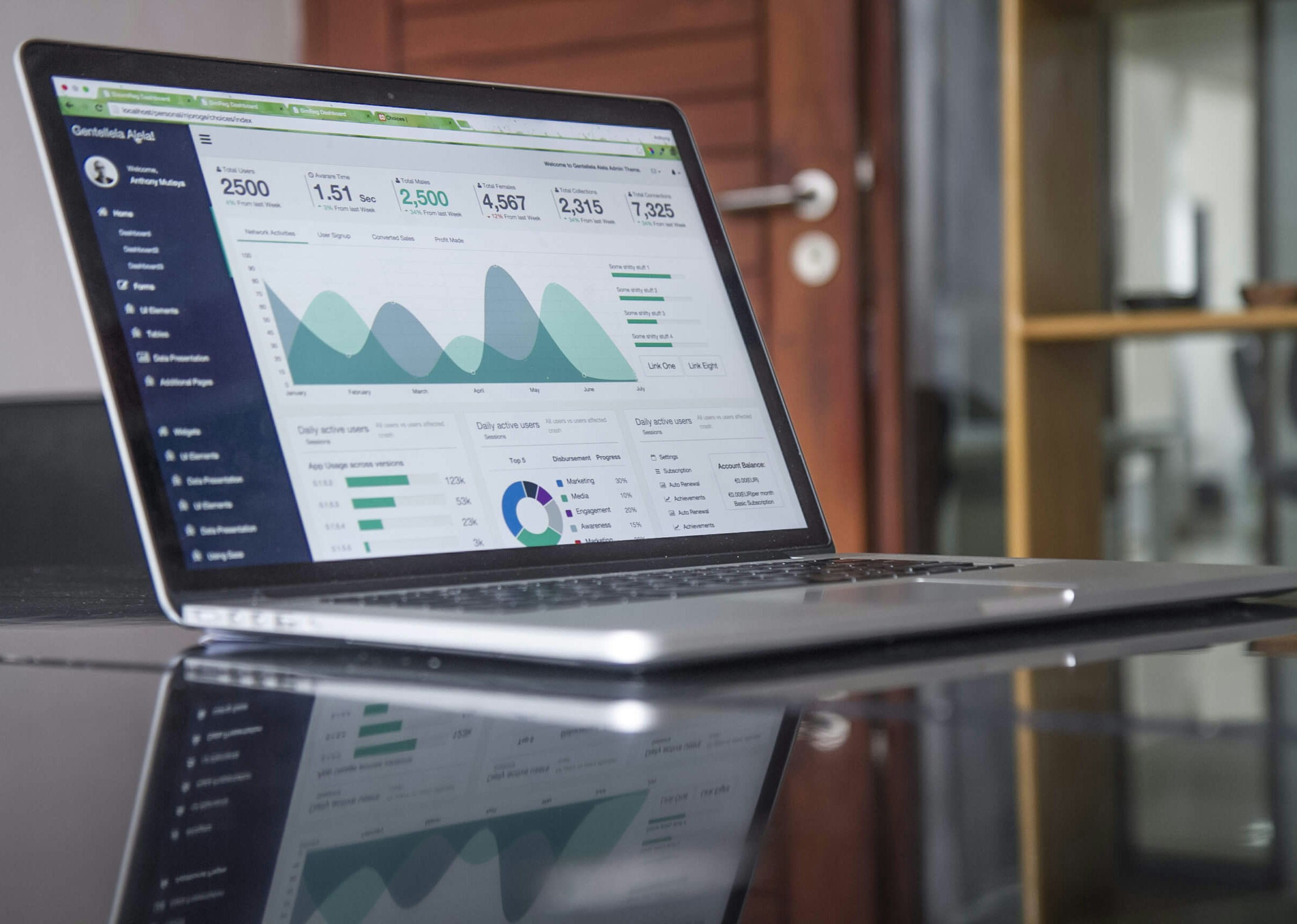 Laptop displaying statistical data and analytics charts for Google Tag Manager and Google Analytics integration